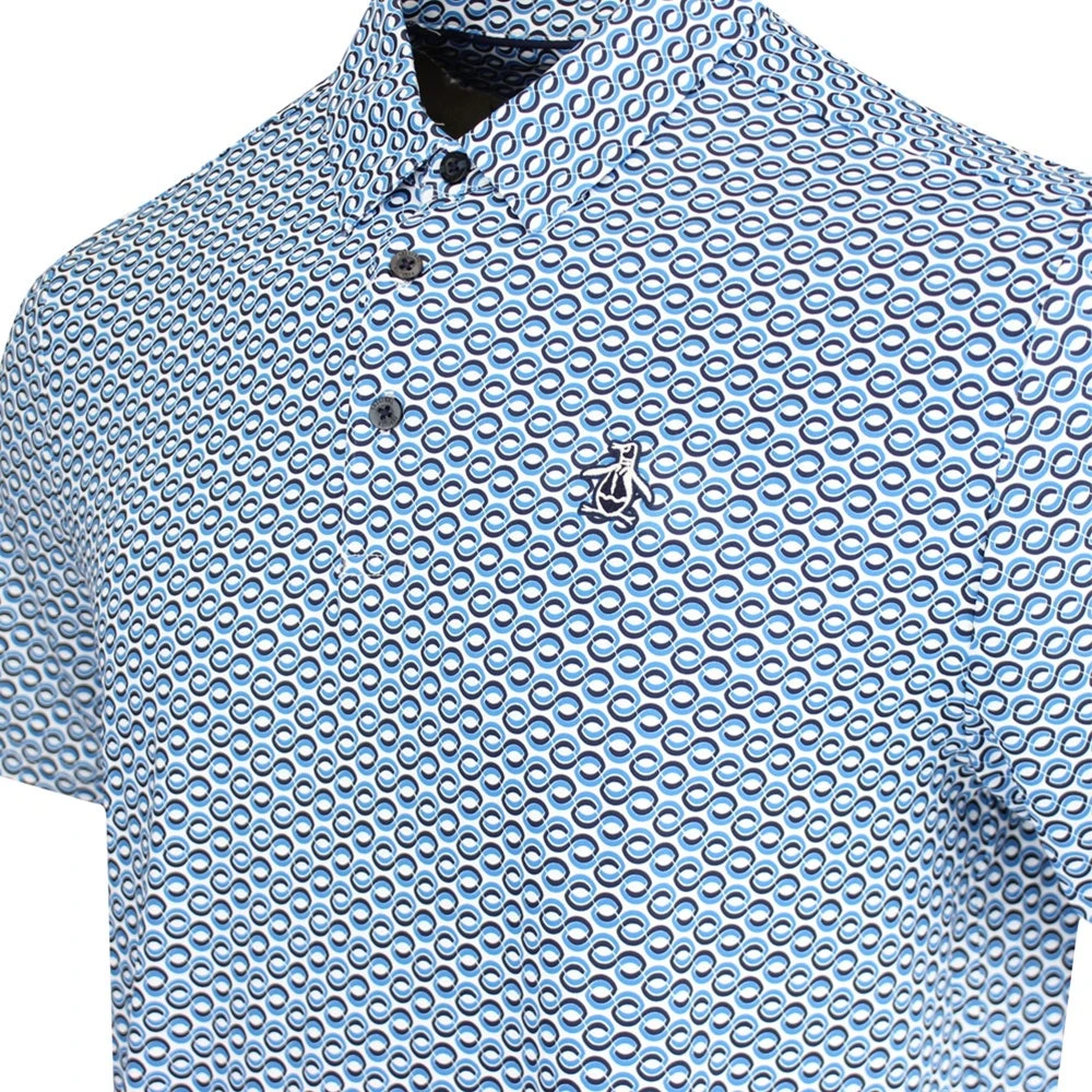 Original Penguin Golf Shirt - Micro Geo Print Polo - Med. Blue AW23 - Image 4