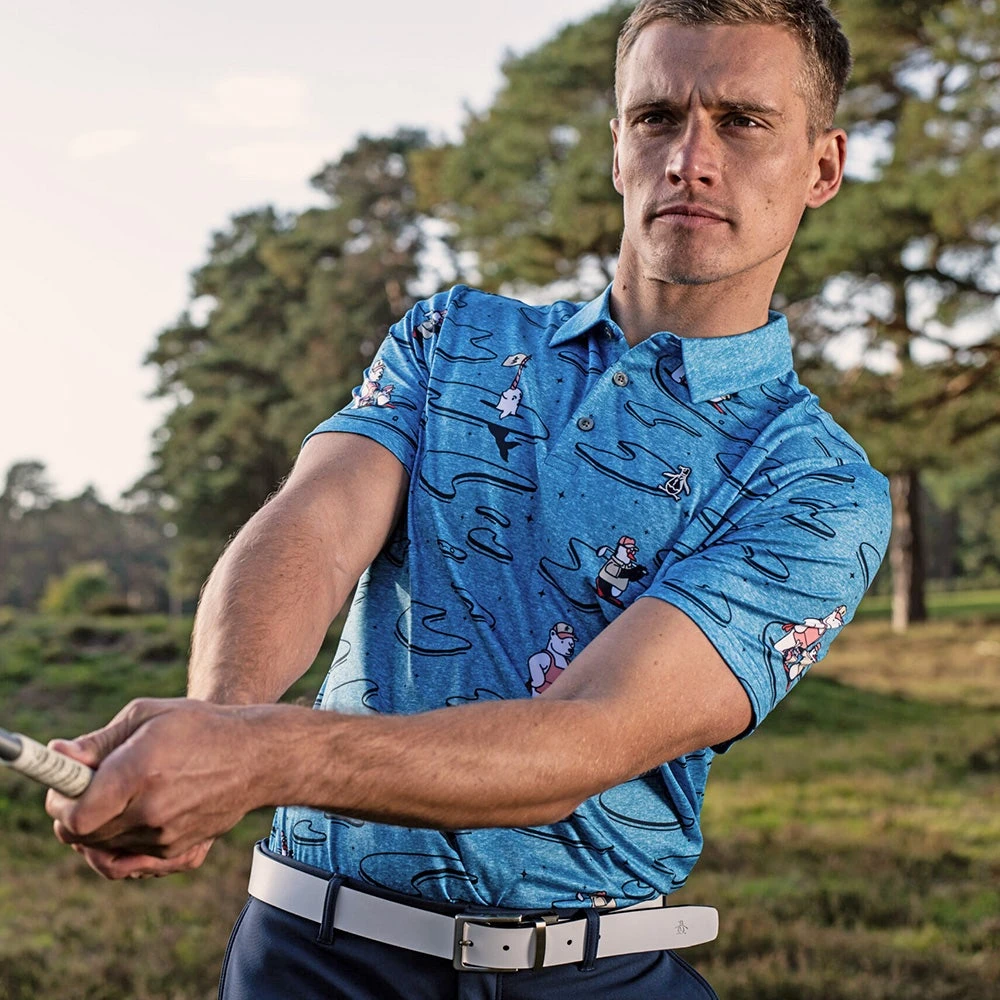 Original Penguin Golf Shirt - Polar Pete Print Polo - Med. Blue AW23 - Image 5